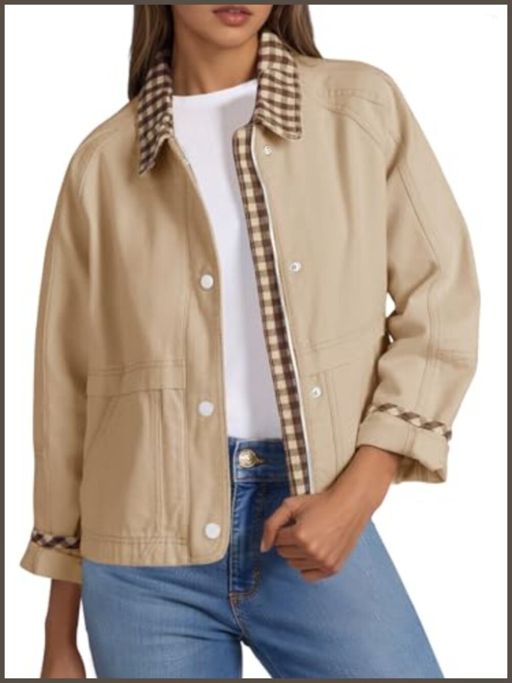 Womens Cropped Barn Jacket Zip Up Lightweight Cotton Plaid Canvas Coat